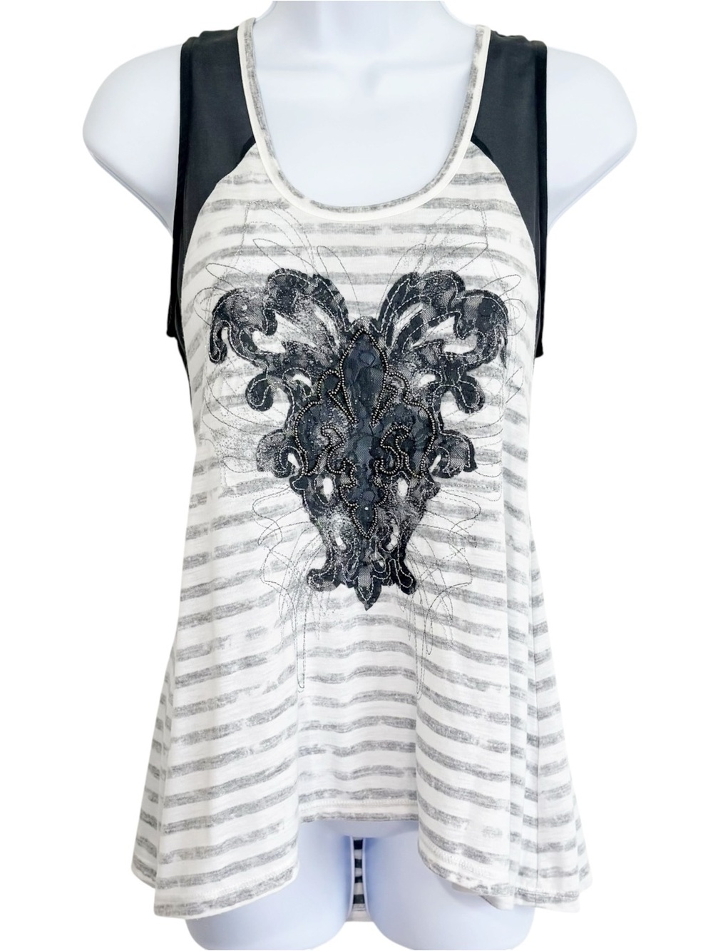MISS ME Y2K Embellished Graphic Mesh Racerback Striped Tank Top Small